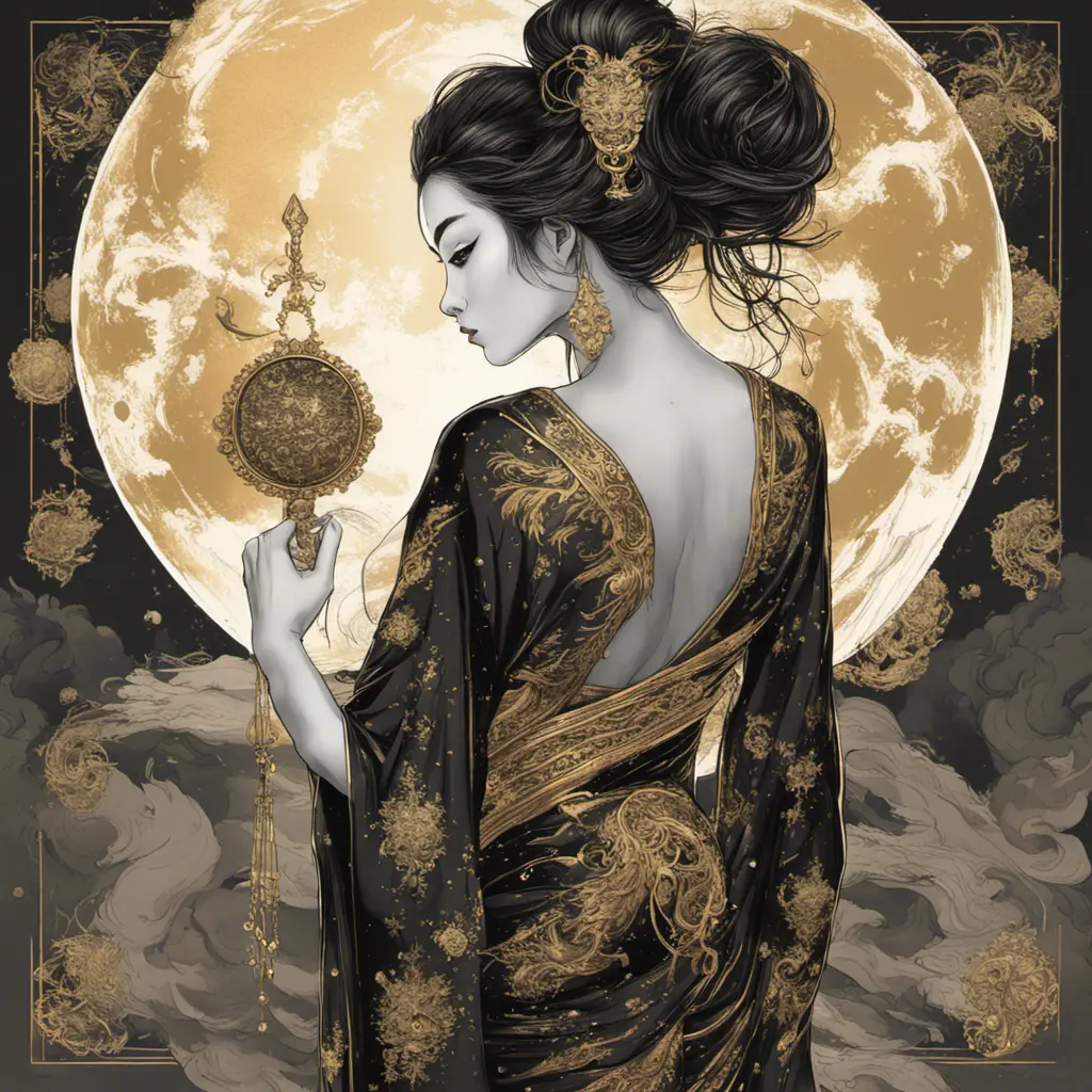 Full body back of an Asian goddess in a black dress with gold decorations. A dress with no flesh on the back, holding a fan in one hand. hyperdetailed eyes, Poster design, line art, a fantastically large moon background, ultra detailed artistic, detailed gorgeous face, natural skin, colour splash art, fire and ice, splatter, black ink, liquid melting, dreamy, glowing, glamour, glimmer, shadows, brush strokes, ominous, golden ratio, production cinematic character render, ultra high quality model, 8k, Highly Detailed, Intricate, Masterpiece, Oil on Canvas, Sharp Focus, Smooth, Unreal Engine, Glamour Shot, Vibrant Colors, Ominous