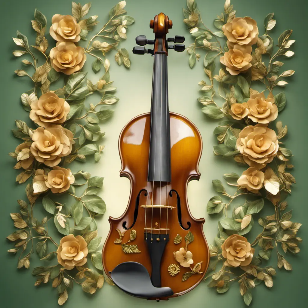 Vintage violin decorated all around with three-dimensional flowers and leaves in green and gold colors, beautiful and pleasant lighting, 8k, Intricate Details, Natural Light