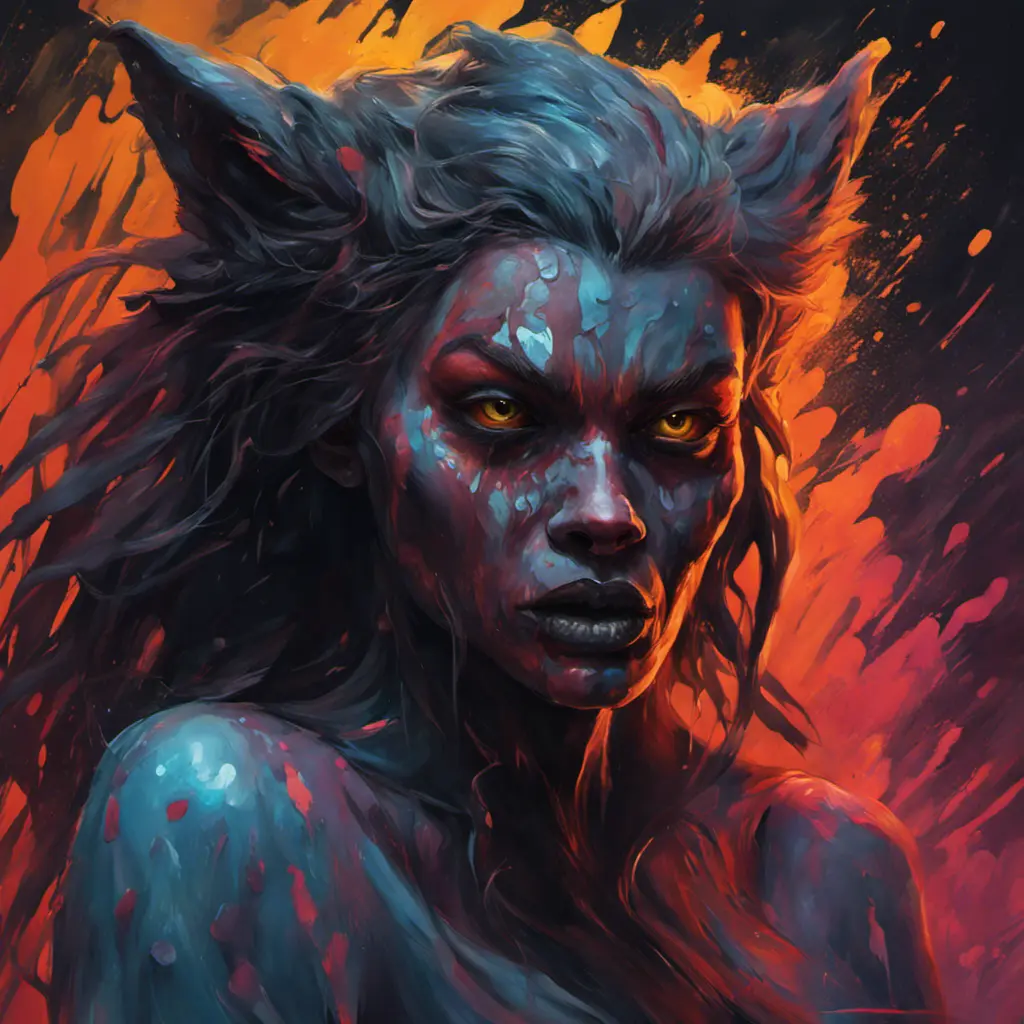 splash art, a quirky liquid portrait of a hauntingly beautiful dark werewolf woman, splash style of paint, Pixar style, Halloween colors, fantastical, splashy, 4k resolution, 8k, Hyper Detailed, Intricate Details, Masterpiece, Oil on Canvas, Concept Art, Digital Art, Dark