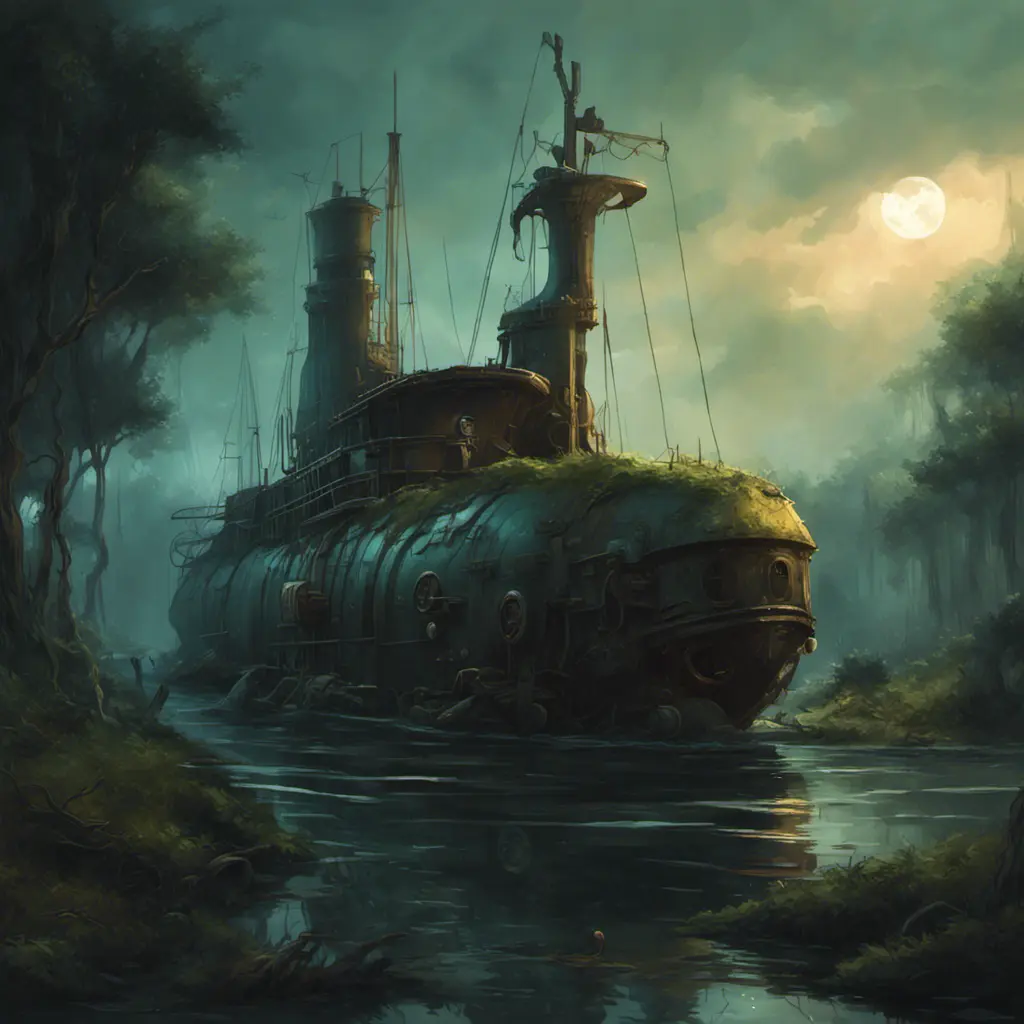 Beached steampunk submarine shipwreck in swamp,  dark atmosphere, night, mijn, highly detailed, digital painting, artstation, concept art, smooth, sharp focus, illustration, art by artgerm and greg rutkowski and alphonse mucha, erte, 8 k, Highly Detailed, Artstation, Digital Painting, Illustration, Sharp Focus, Smooth, Concept Art by Stanley Artgerm Lau, Greg Rutkowski