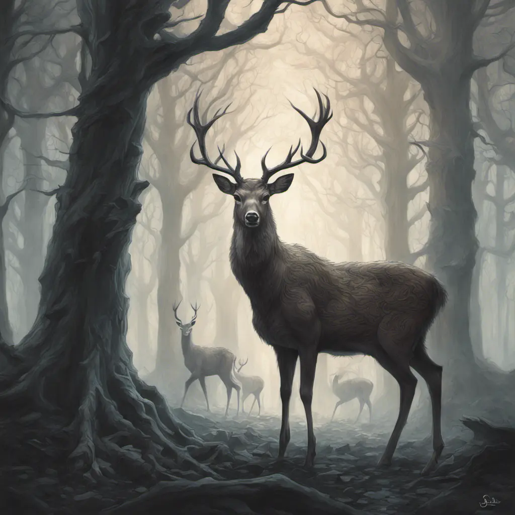 Deer in a haunted forest, Highly Detailed, Intricate, Gothic, Volumetric Lighting, Fantasy, Dark by Stanley Artgerm Lau