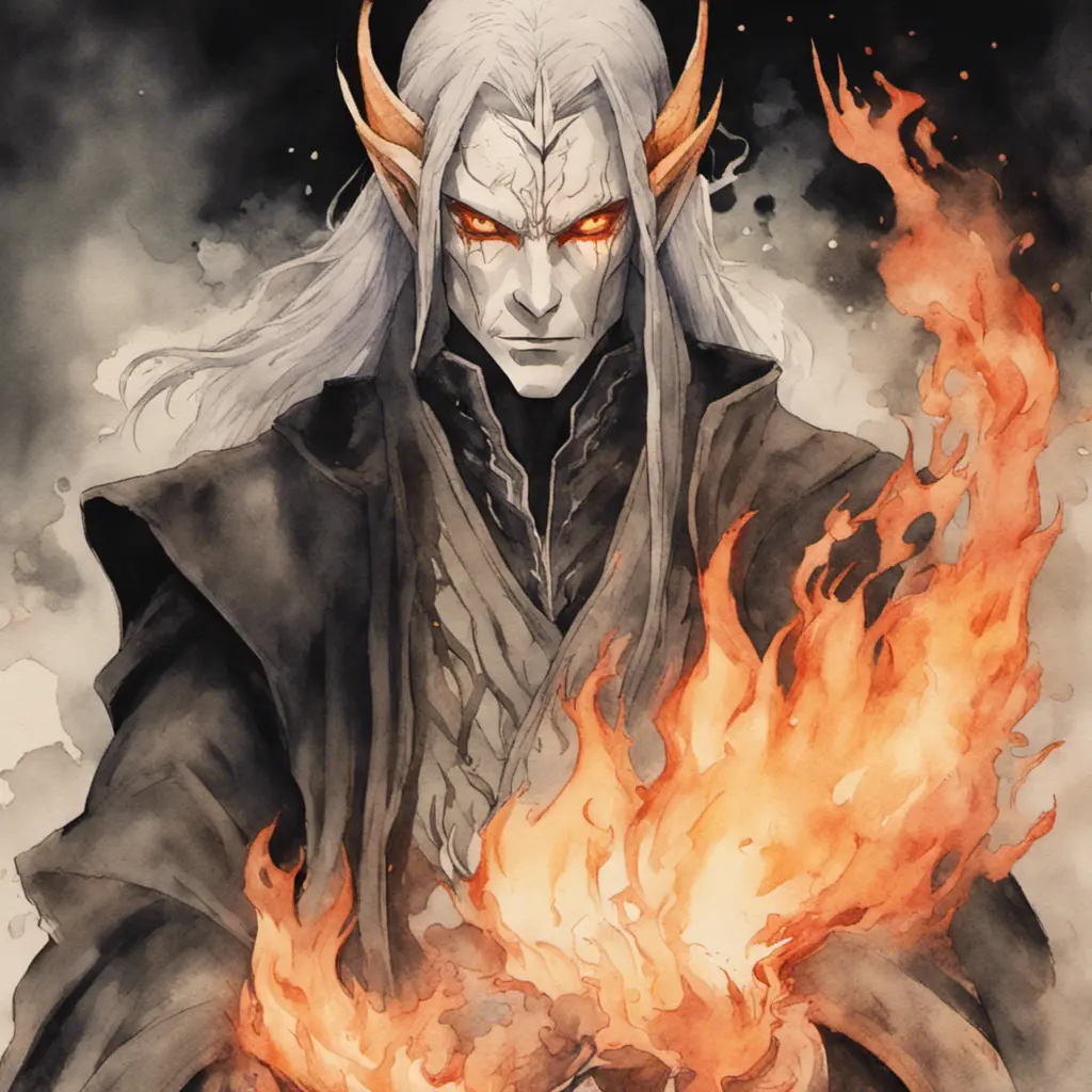 Sauron from LOTR in his elven form in flames and smoke in naruto, Watercolor, Anime, Dark