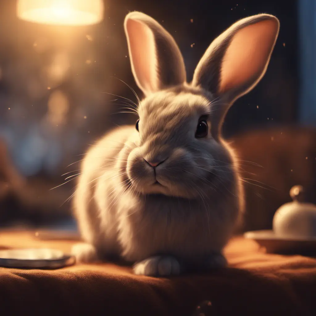 Epic shot of ultra cute rabbit in a wonderful cozy atmosphere, ultra inviting, luminous, evening atmosphere, Digital Painting, Photo Realistic, Sharp Focus