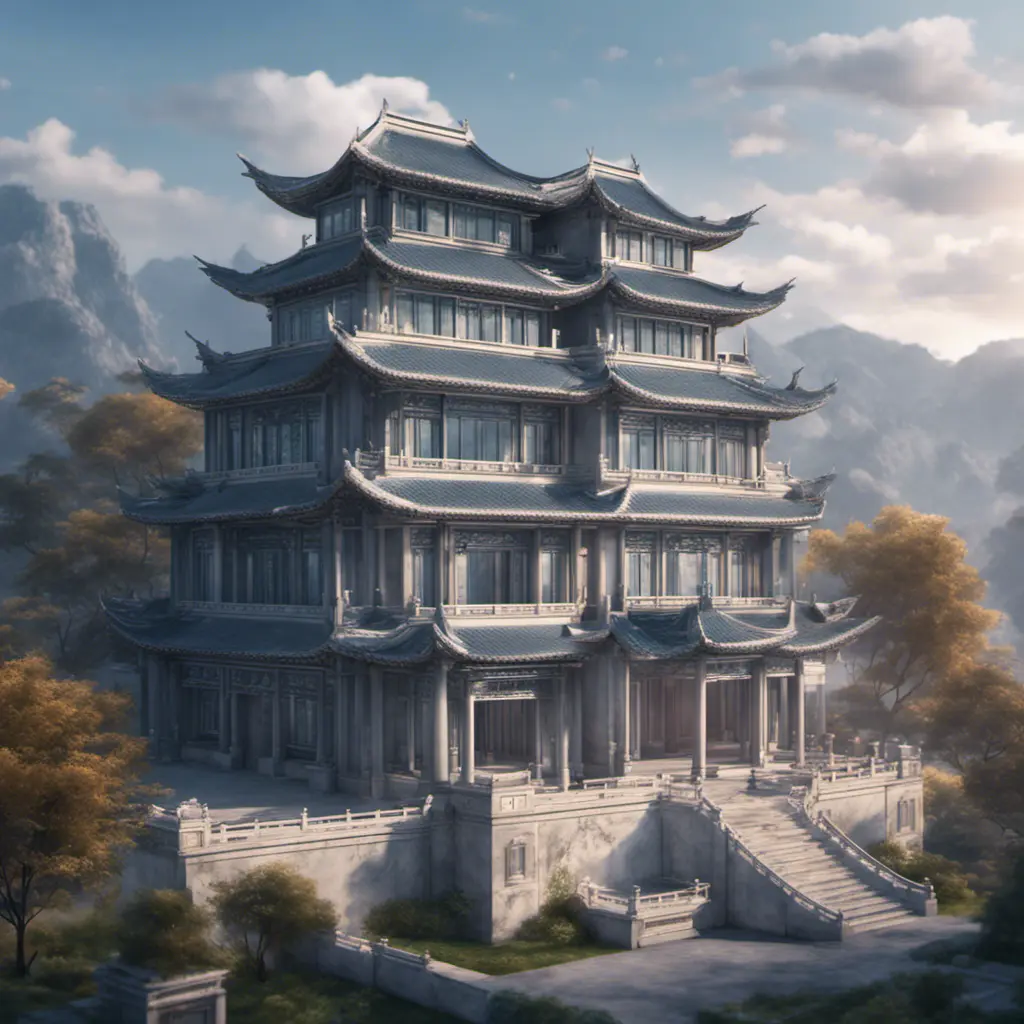 A gorgeous Chinese - style high - rise villa stands in the valley, luxurious majestic silver - grey blue antique palace, 8k, HD, High Definition, Trending on Artstation, Soft Lighting