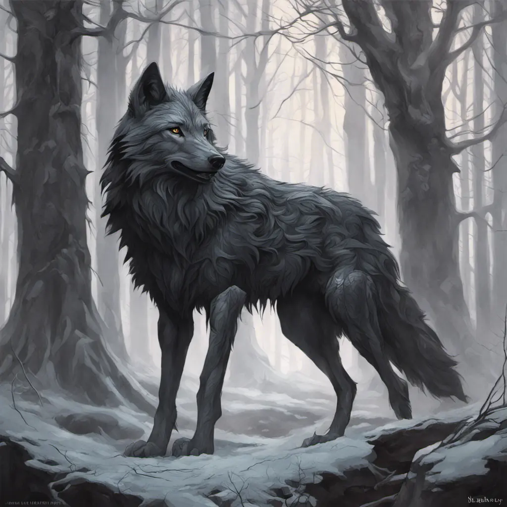 Wolf in the forst, Highly Detailed, Intricate, Gothic, Volumetric Lighting, Fantasy, Dark by Stanley Artgerm Lau