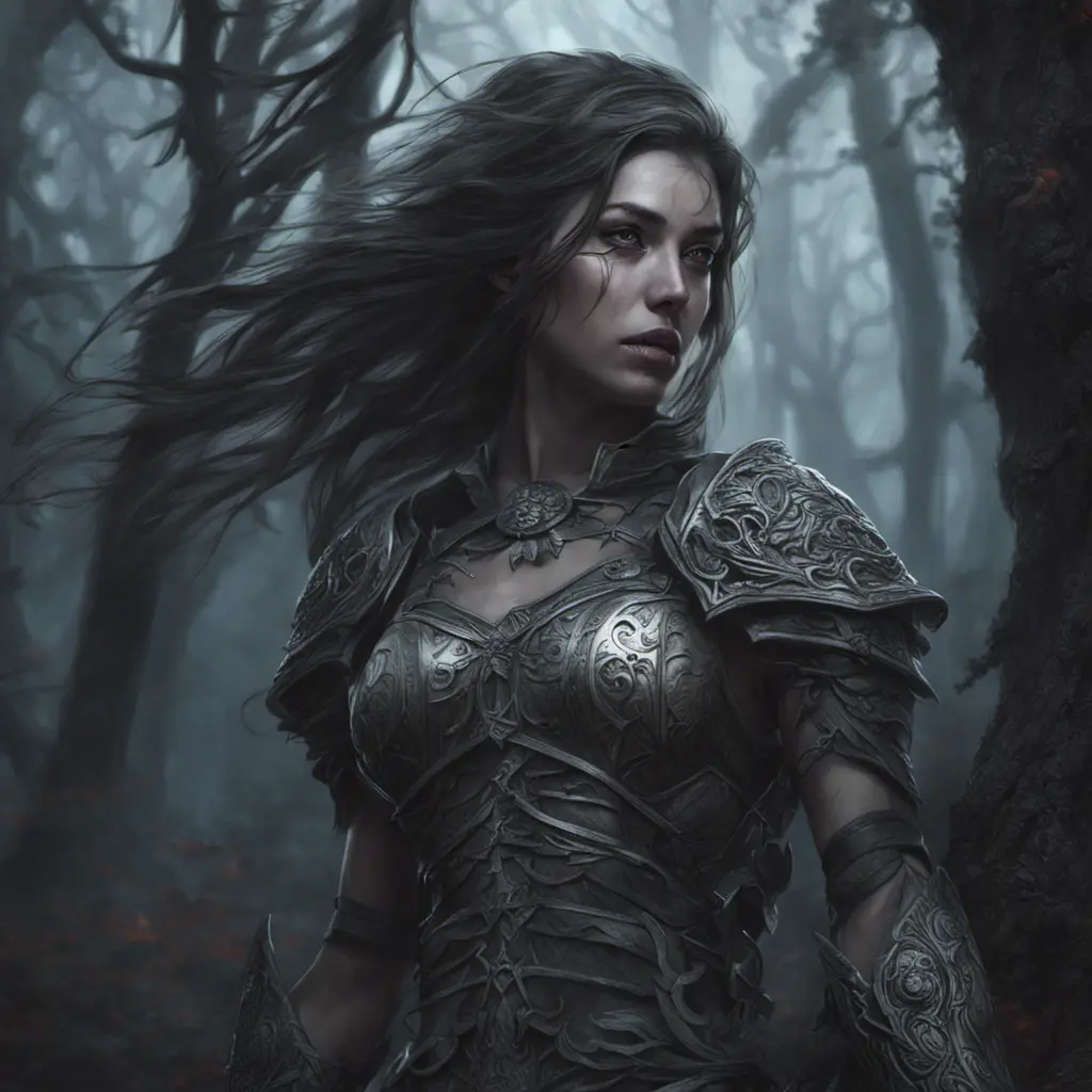 Female warrior in a haunted forest, Highly Detailed, Intricate, Gothic, Volumetric Lighting, Fantasy, Dark by Stanley Artgerm Lau