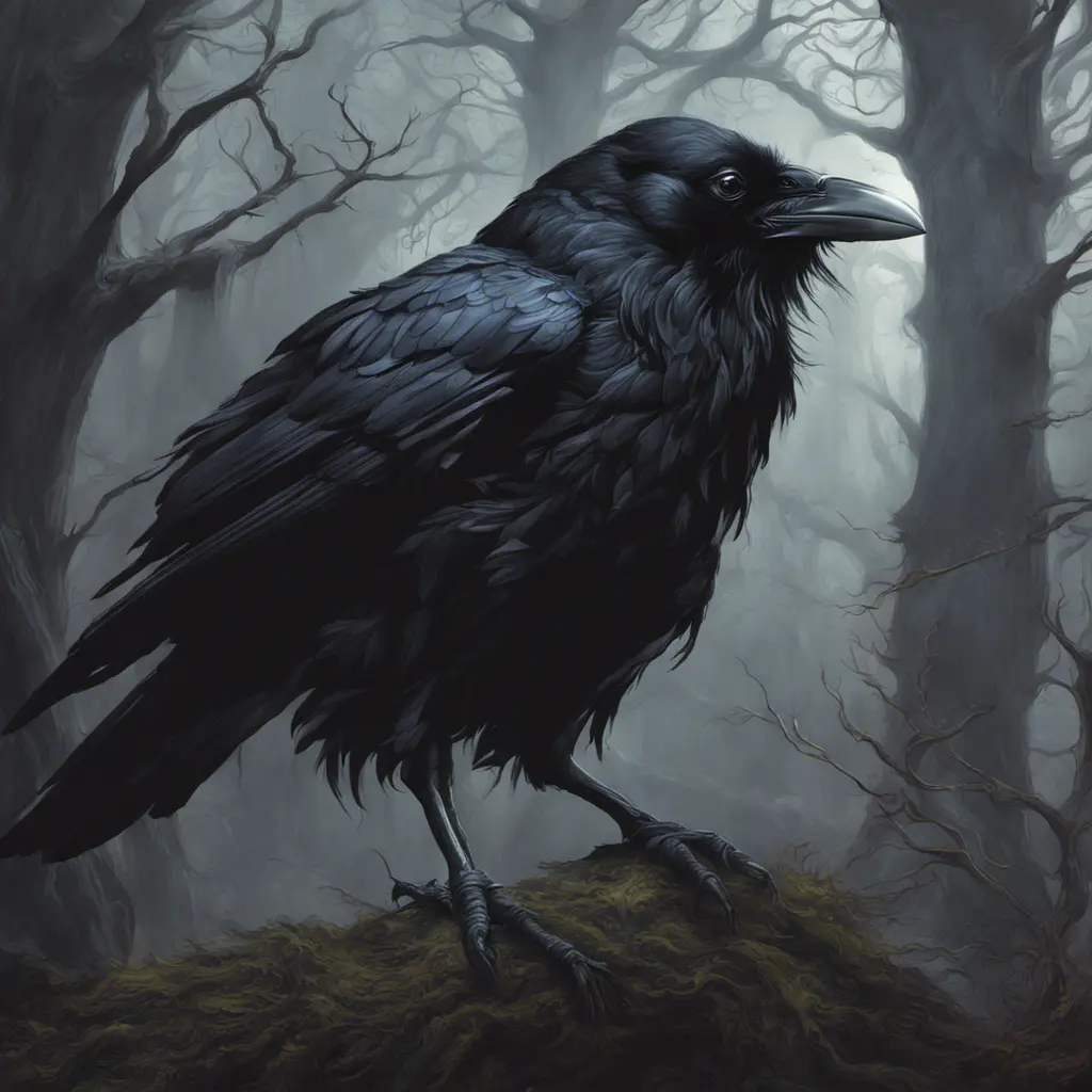 Raven in a haunted forest, Highly Detailed, Intricate, Gothic, Volumetric Lighting, Fantasy, Dark by Stanley Artgerm Lau