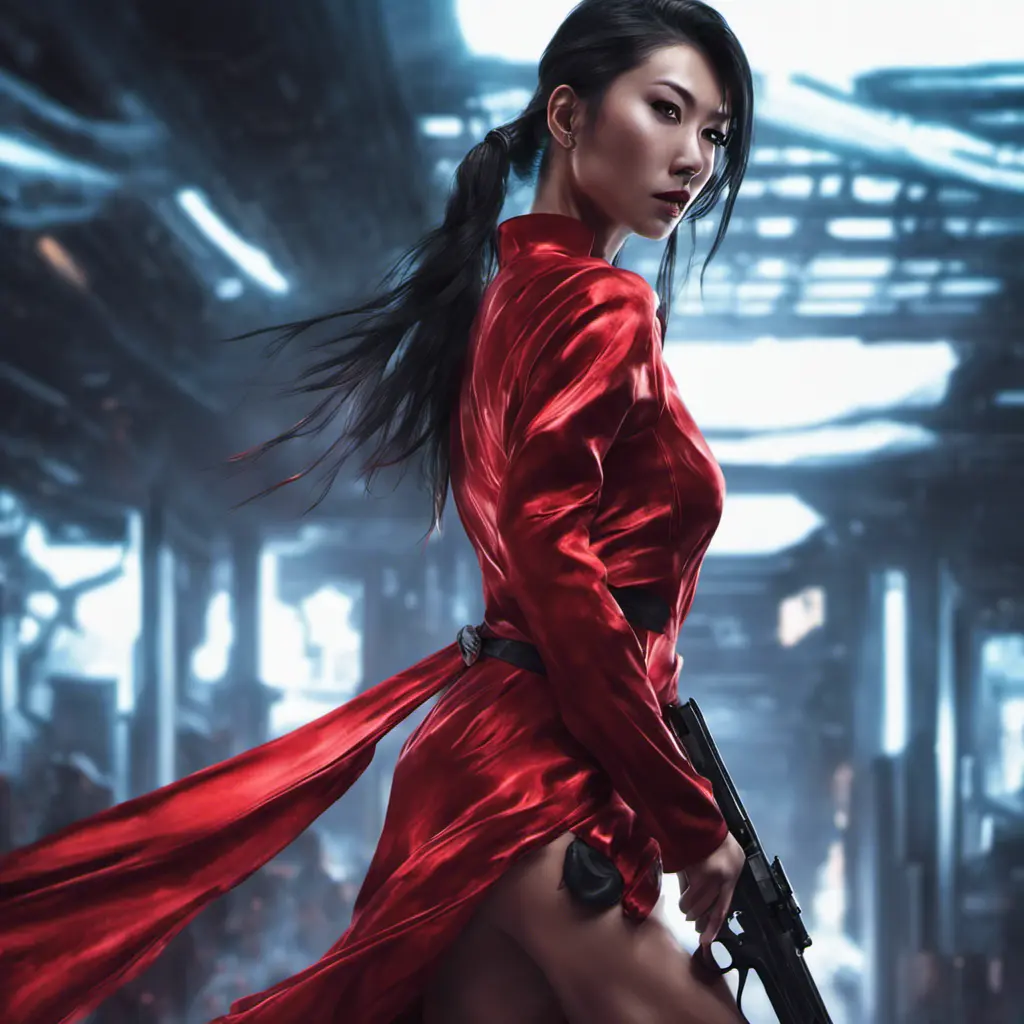 A fierce armed asian assassin in silk red dress at a high tech nightclub, Cyberpunk, Sci-Fi, Photo Realistic