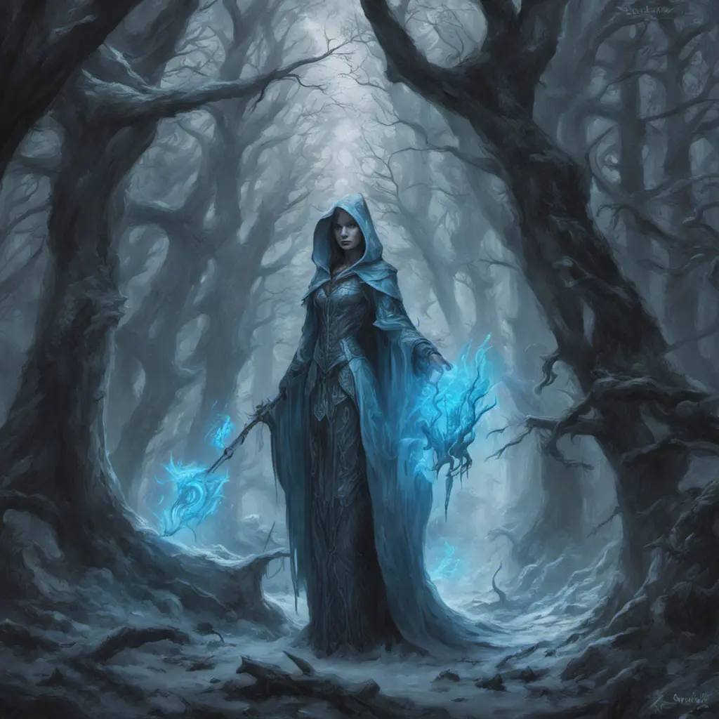 Ice mage in a haunted forest, Highly Detailed, Intricate, Gothic, Volumetric Lighting, Fantasy, Dark by Stanley Artgerm Lau