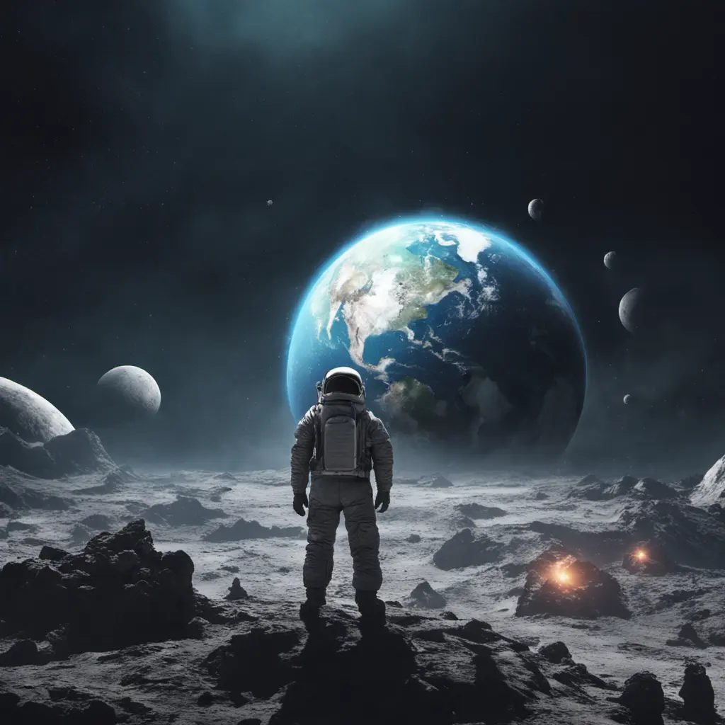 A space explorer on moon, viewing how the earth is destroyed, Magical, Stunning, Digital Painting, Cinematic Lighting, Sharp Focus, Dark, Hyper Realistic