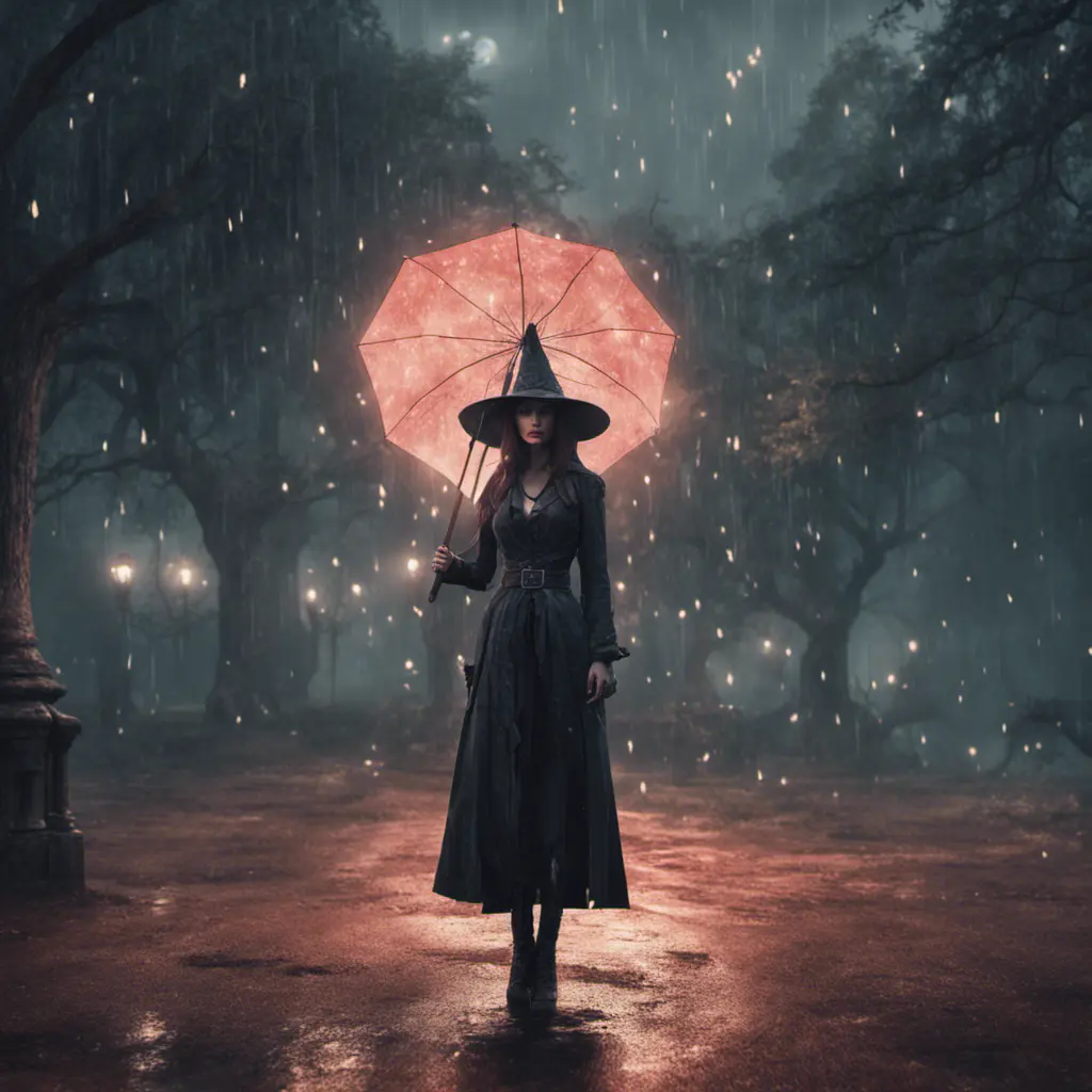 Enigmatic witch in rain standing in a spellbound park, 8k, Sci-Fi, Fantasy