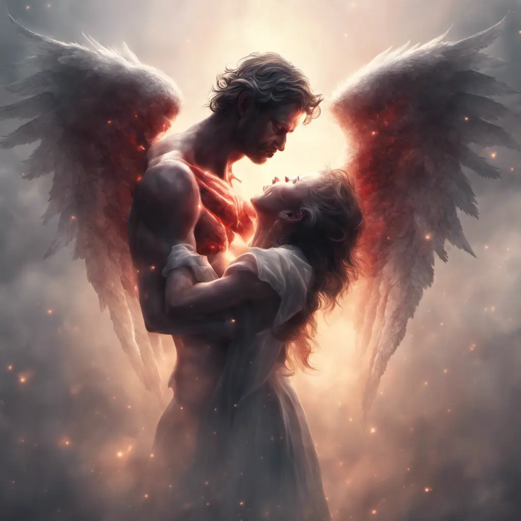 An angel flying hugging a demon flying, forming a heart shape, 4k, Photo Realistic, Fantasy