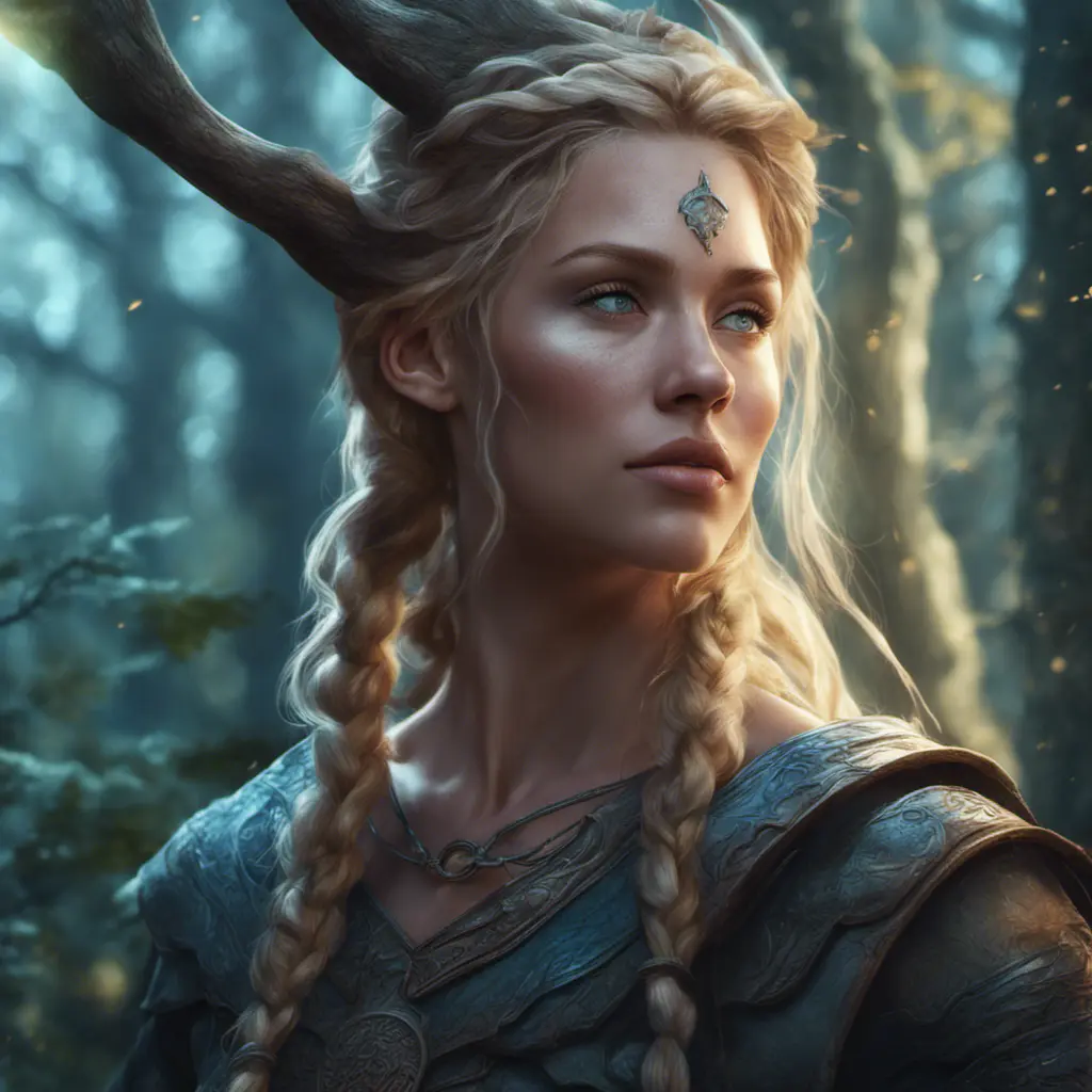 Closeup of a beautiful female viking in a magical forest, 4k, Highly Detailed, Masterpiece, Pretty Face, Digital Illustration, Cinematic Lighting, Realistic, Sharp Focus, Centered, Beautifully Lit, Bioluminescent by Stanley Artgerm Lau