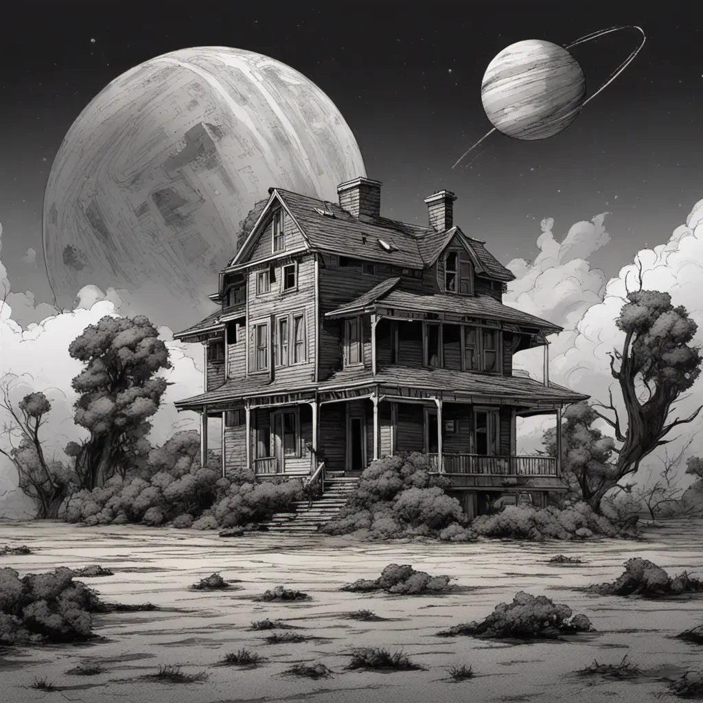 a realistic scene, an old home from the 1930's. The background is a planet that is on the edge of collapse. The skies are grey, the trees are barren. it is very depressing. a rocket ship is launching and leaving the earth, Sci-Fi, Fantasy, Dark