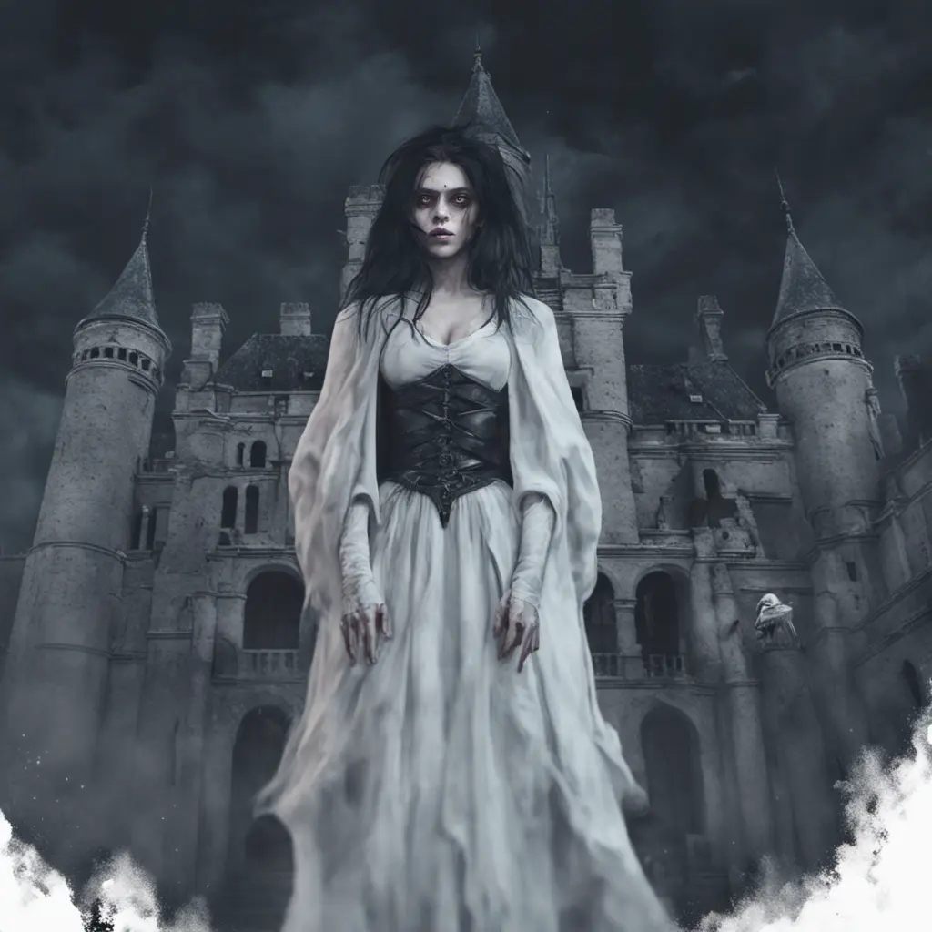 Female ghost with raven hair and black eyest in a creepy castle at night, 8k, Dystopian, Dark