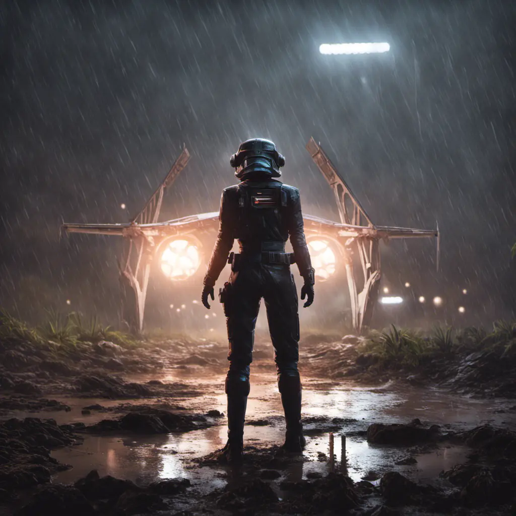 Digital art of a female TIE fighter pilot in the mud and rain on a landing pad at night, Unreal Engine, Volumetric Lighting