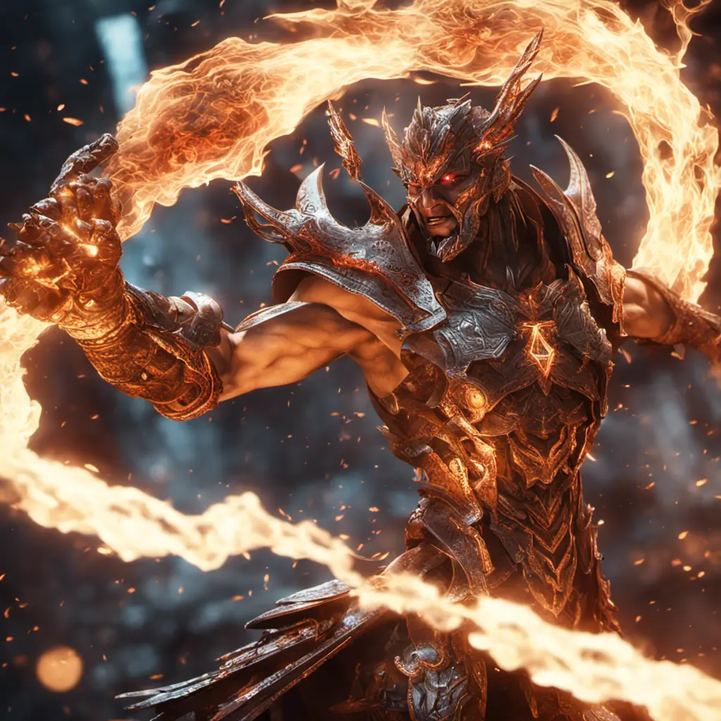 "legendary fire god" fighting "legendary lightening god", combat scene action, 8k, Intricate Details, Trending on Artstation, Sci-Fi, Unreal Engine, Volumetric Lighting