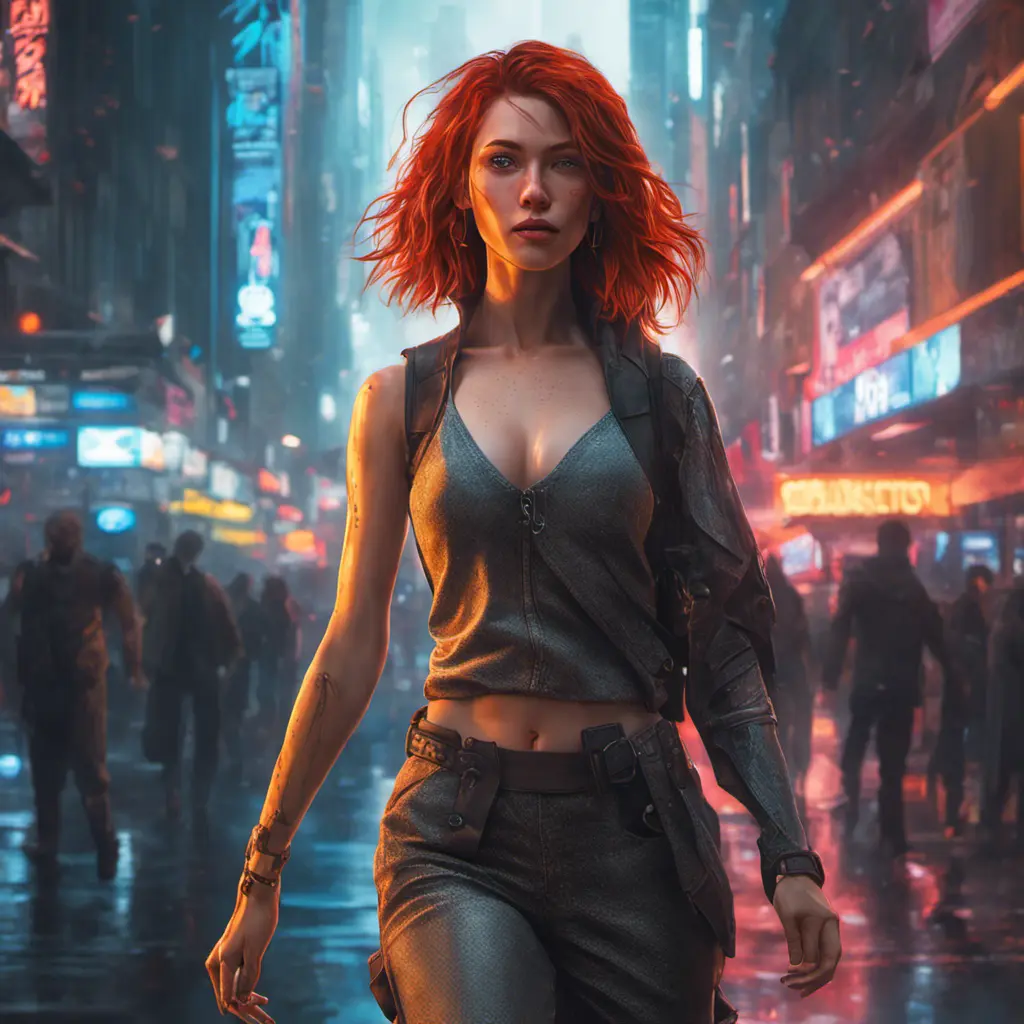 full body shot, beautiful woman walking with beatiful and detailed eyes, dynamic pose, slightly athletic beatiful body, medium-sized chest, detailed attire, Hyper Detailed, Intricate Artwork, Masterpiece, Cybernatic and Sci-Fi, Cyberpunk, Freckles, Full Lips, Red Hair, Smiling, Digital Illustration, Cityscape, Blade Runner 2049, Neon light effect, Realistic, Sharp Focus, Wide Angle, Neon, Dripping Colors, Matte, Futurism, Artwork, Dieselpunk, Colorful, Dynamic, Elegant, Expressive, Graceful, Hot, Gloomy, Sad, Stormy, Terrifying, Tired