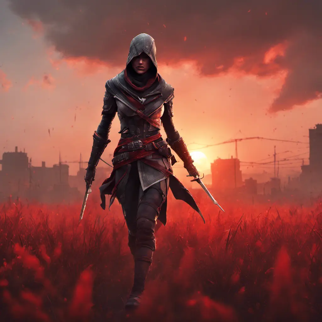 Female assassin creed emerging from a batte field. Sky is colored by a red sun set., 8k, Dystopian, Trending on Artstation, Volumetric Lighting