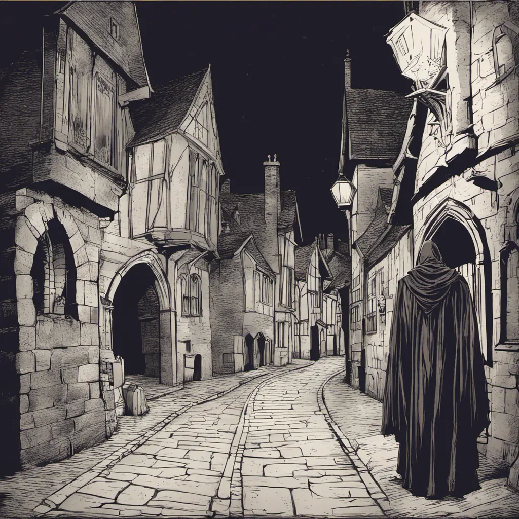 spooky medieval english street, night, ghostly monk standing, Gothic and Fantasy, Dark