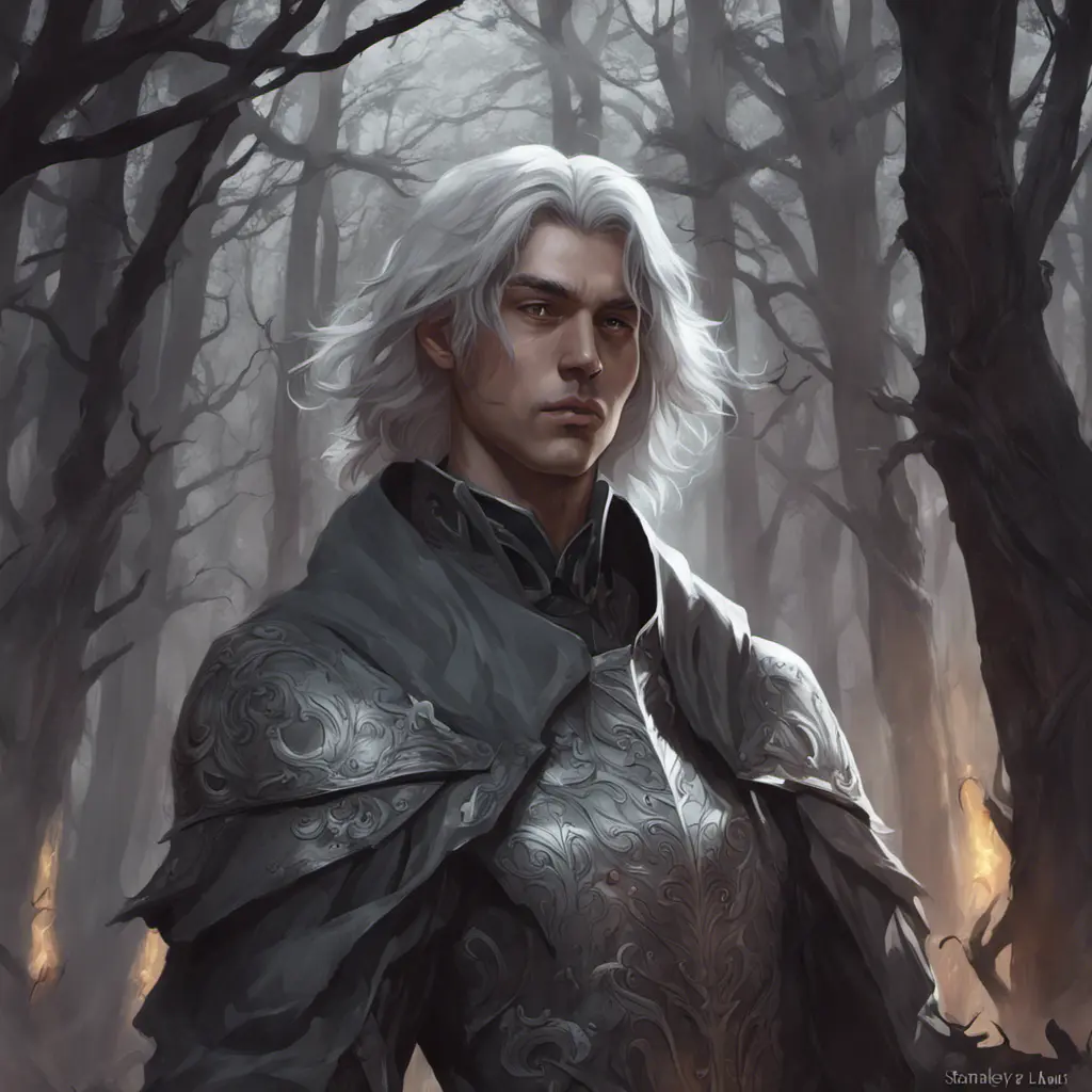 Ashen haired paladin in a haunted forest, Highly Detailed, Intricate, Gothic, Volumetric Lighting, Fantasy, Dark by Stanley Artgerm Lau