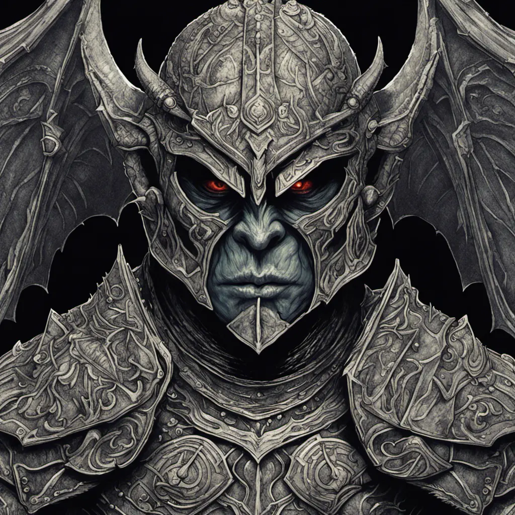 A close up of an orc wearing a helmet, ornate dramatic bat wing helmet, digital 2d fantasy art, intricate armor, face of an armored villian, Highly Detailed, Symmetrical Face, Dark Souls, Concept Art, Fantasy, Dark by Alex Grey, Dan Mumford