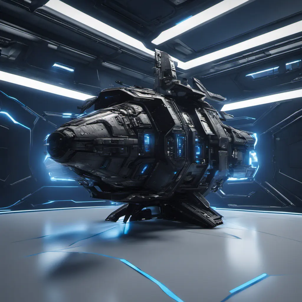 Entire black Spaceship, blue background, from side, Highly Detailed, Unreal Engine