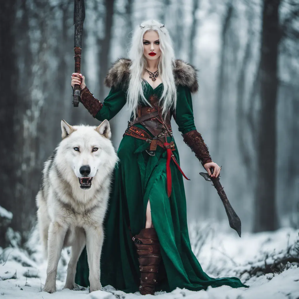 Lady of the Wild Hunt in action. Attractive slender woman with long white hair, emerald green eyes, red lips. Fierce expression. Dressed in viking dress. Frost on the ground. Standing next to large aggressive wolf., Full Body, Photo Realistic