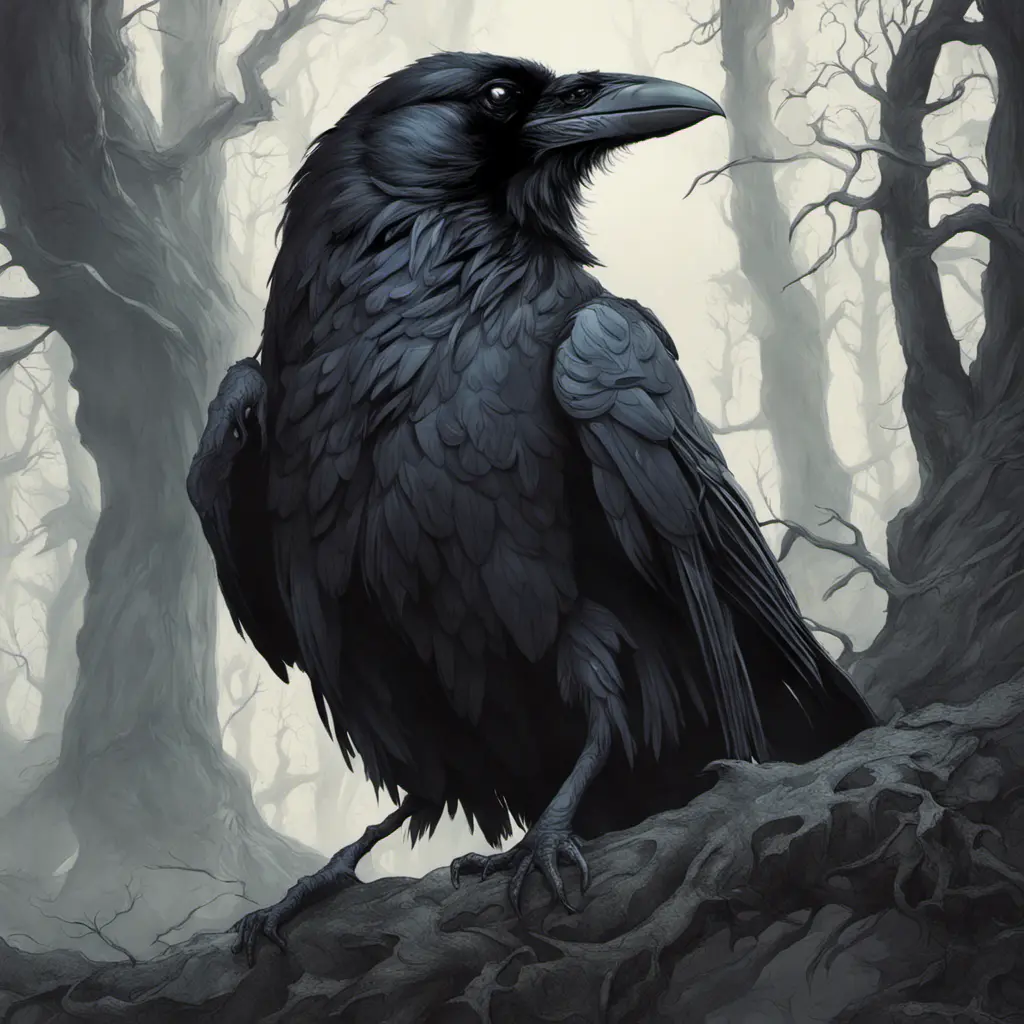 Raven in a haunted forest, Highly Detailed, Intricate, Gothic, Volumetric Lighting, Fantasy, Dark by Stanley Artgerm Lau