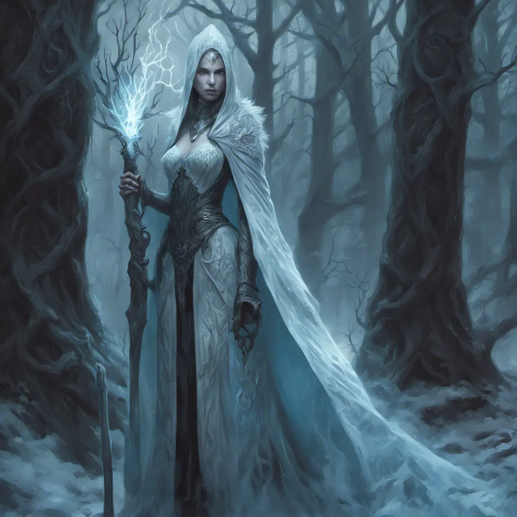 Ice mage in a haunted forest, Highly Detailed, Intricate, Gothic, Volumetric Lighting, Fantasy, Dark by Stanley Artgerm Lau