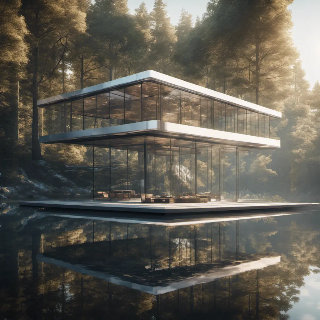 Beautiful futuristic architectural glass house in the forest on a large lake, 8k, Award-Winning, Highly Detailed, Beautiful, Epic, Octane Render, Unreal Engine, Radiant, Volumetric Lighting by Frank Lloyd Wright