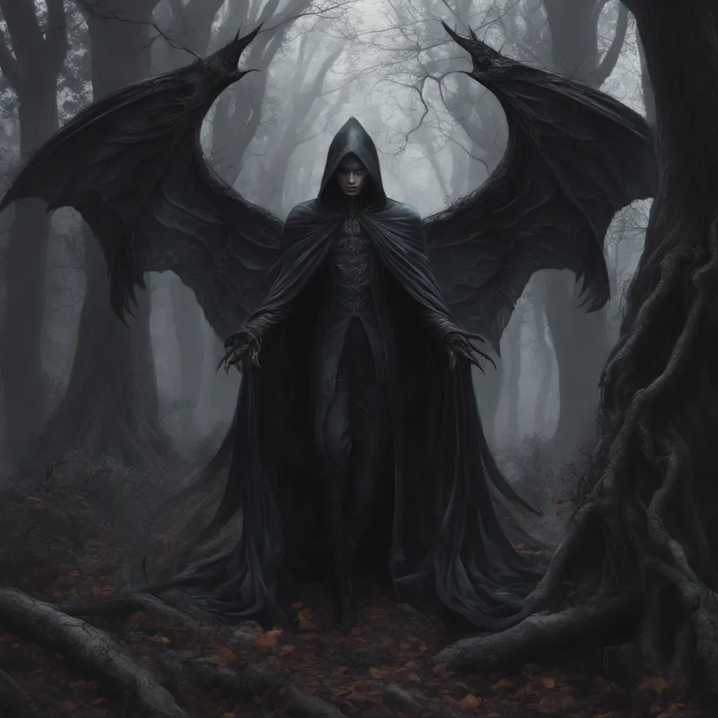 Winged vampire in a haunted forest, Highly Detailed, Intricate, Gothic, Volumetric Lighting, Fantasy, Dark by Stanley Artgerm Lau