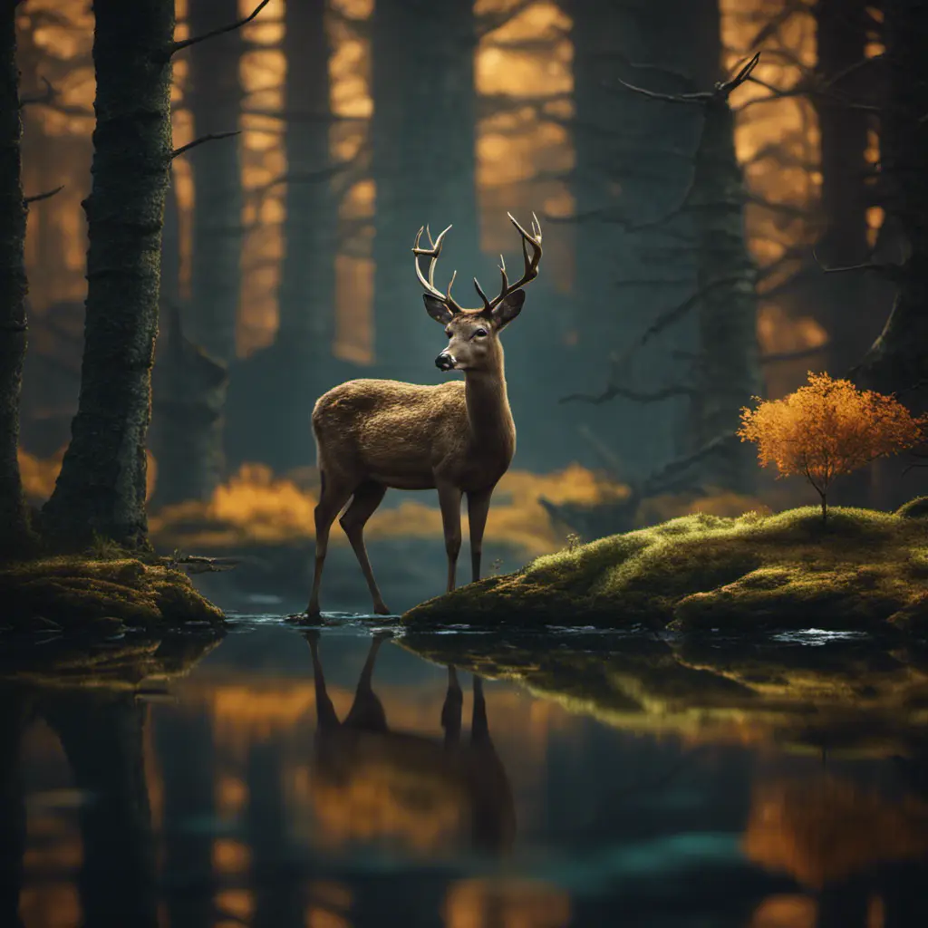 A deer among the trees, forest lake, moss, cold weather, dark teal and amber, Cinematic Lighting, Volumetric Lighting