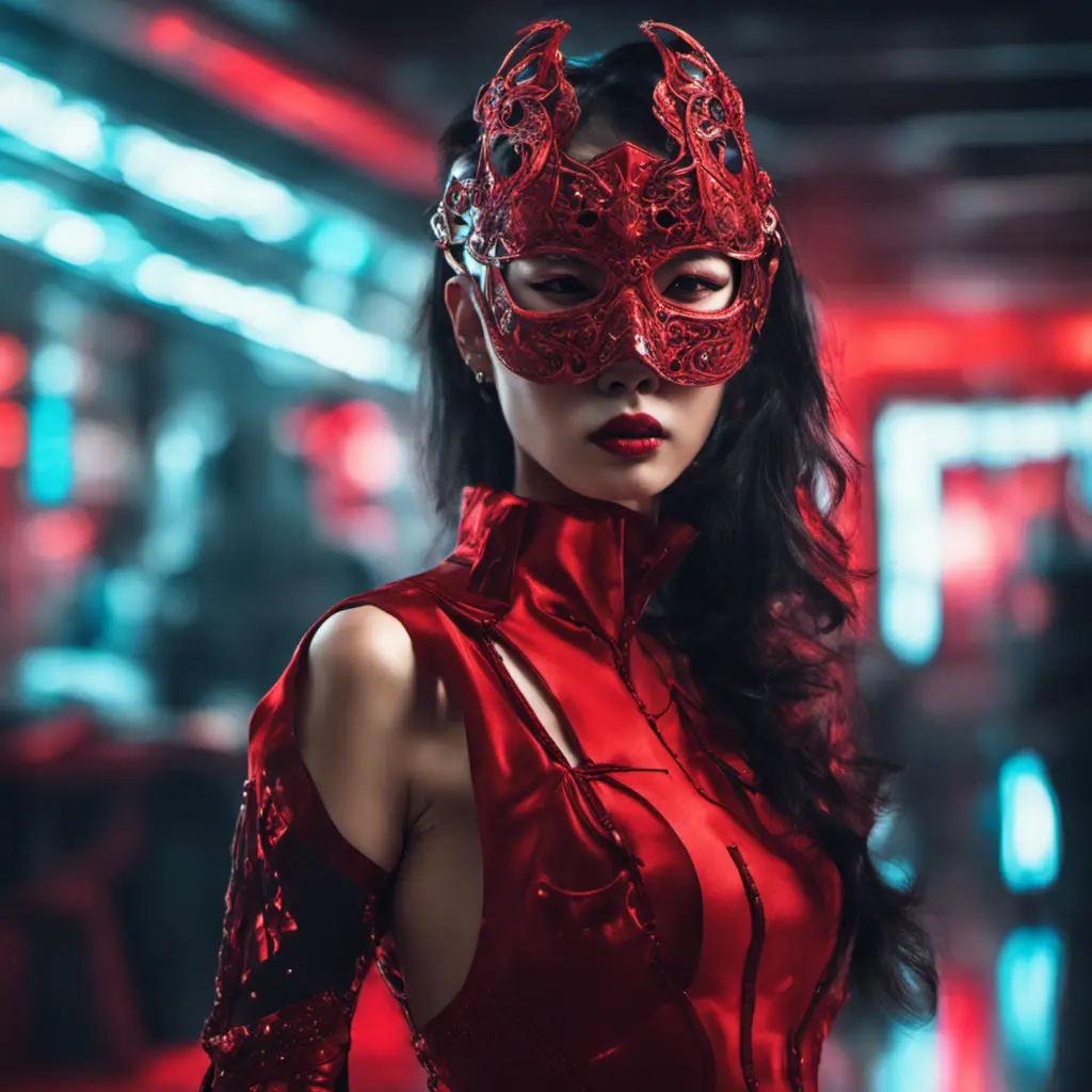 Asian cyberpunk feme fatale in expensive red dress with mask at a masquerade ball smart but dangerous in a high-tech club., Cyberpunk, Photo Realistic