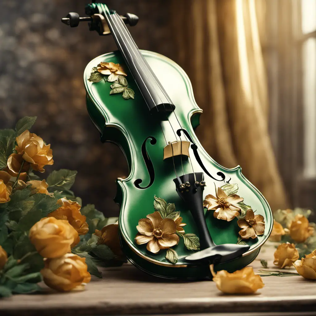 Vintage violin decorated all around with three-dimensional flowers and leaves in green and gold colors, beautiful and pleasant lighting, 8k, Intricate Details, Natural Light