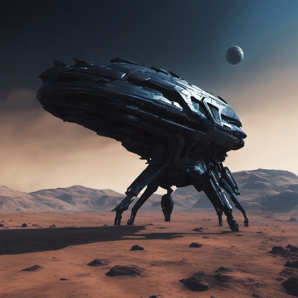 Entire black Spaceship, from side, in an alien planet with dark blue background, Highly Detailed, Unreal Engine