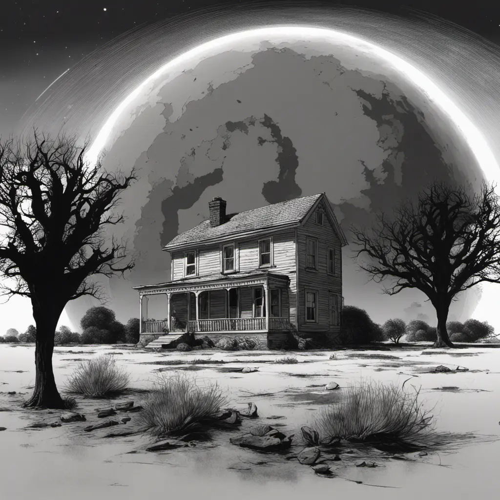 a realistic scene, an old home from the 1930's. The background is a planet that is on the edge of collapse. The skies are grey, the trees are barren. it is very depressing. a rocket ship is launching and leaving the earth, Sci-Fi, Fantasy, Dark