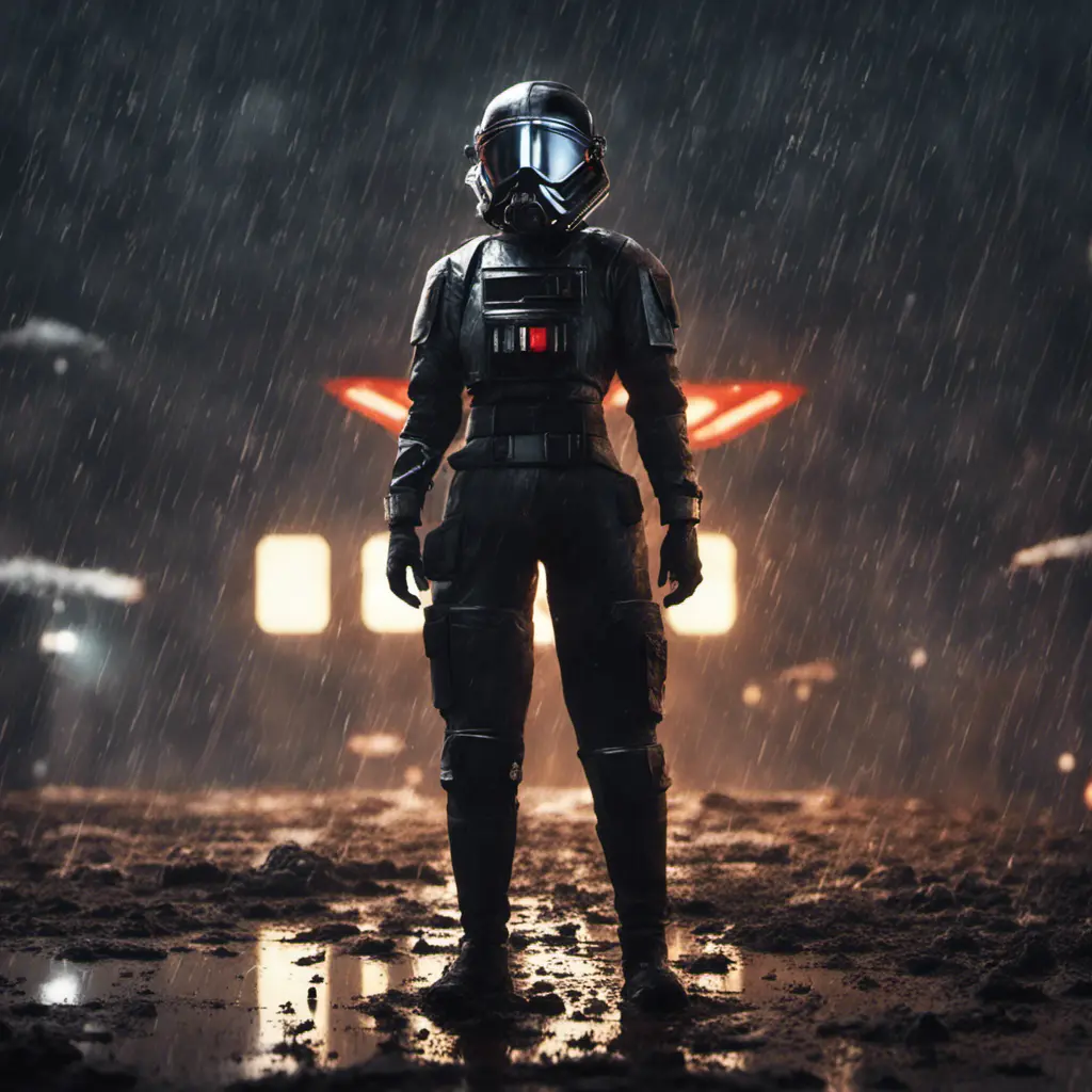 Digital art of a female TIE fighter pilot in the mud and rain on a landing pad at night, Unreal Engine, Volumetric Lighting