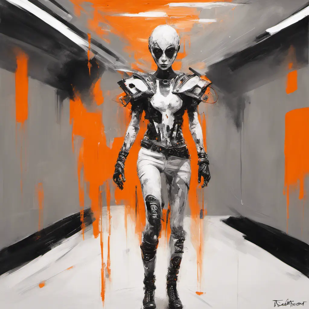 Ethereal minimalist Alien race cybergoth fashion photography painting, in the style of fluorecent orange  ,pearl_white  black  and silver , heavy use of palette knives, full body wide shot painting of teachment , Intricate, Sharp Focus, Concept Art