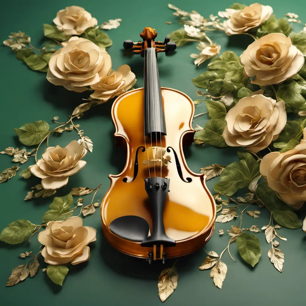 Vintage violin decorated all around with three-dimensional flowers and leaves in green and gold colors, beautiful and pleasant lighting, 8k, Intricate Details, Natural Light