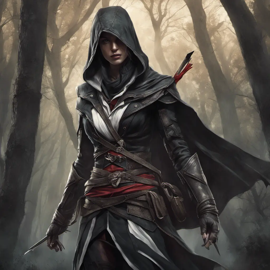 Assassin's creed female assassin in a haunted forest, Highly Detailed, Intricate, Gothic, Volumetric Lighting, Fantasy, Dark by Stanley Artgerm Lau