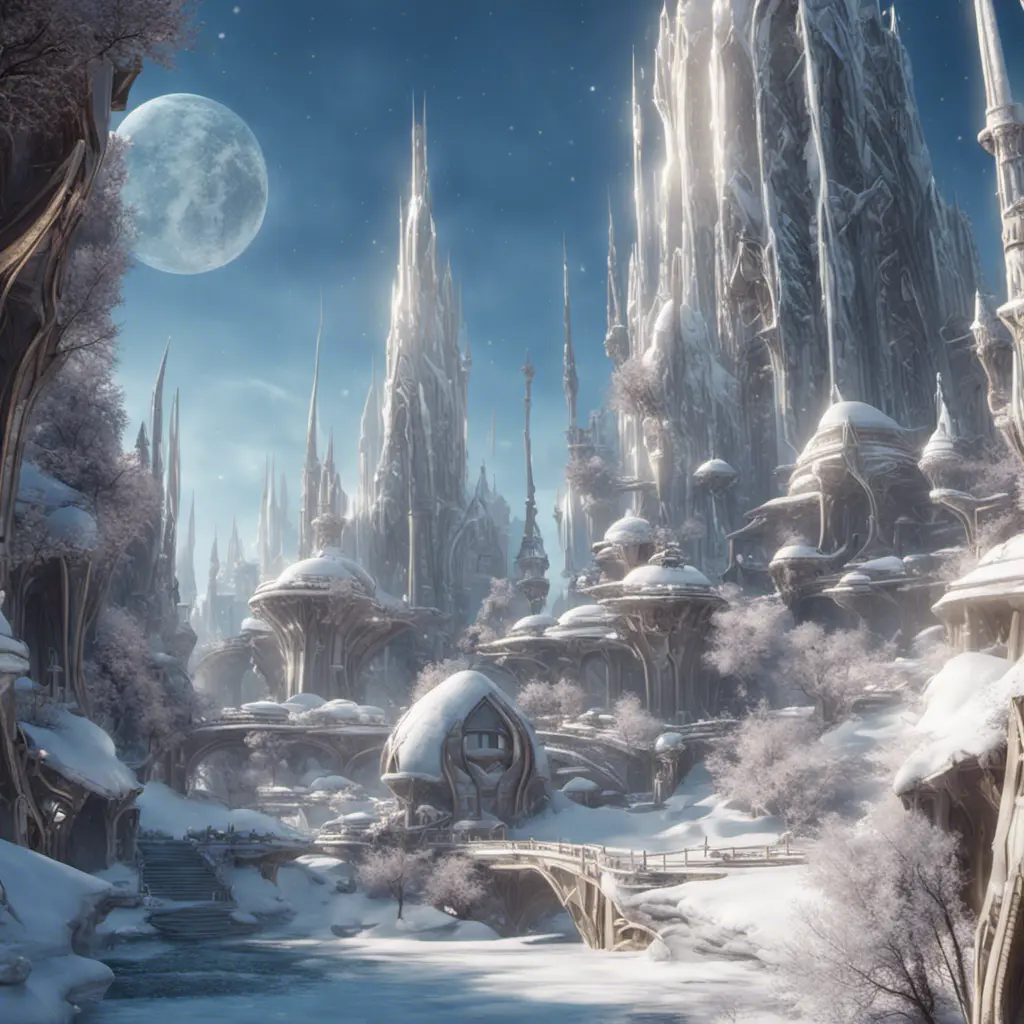 Futuristic galactic elven city in winter, 8k, Award-Winning, Highly Detailed, Beautiful, Octane Render, Unreal Engine, Radiant, Volumetric Lighting by James Gurney, Greg Rutkowski