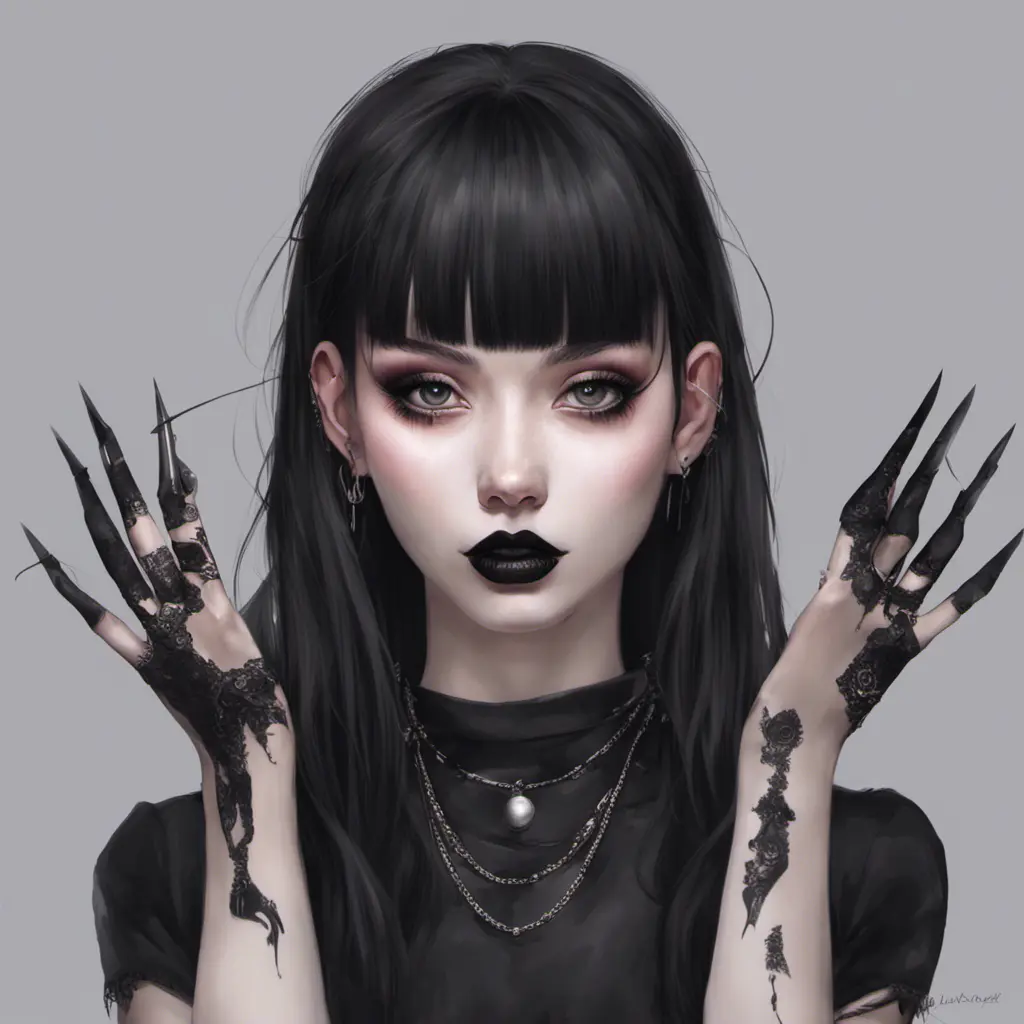 E-girl, fully body, black hair, bangs hairstyle, pale skin, high detail, highly detailed, digital painting, blank background, black fingernails on fingers, black lipstick, 8k, Gothic and Fantasy, Trending on Artstation