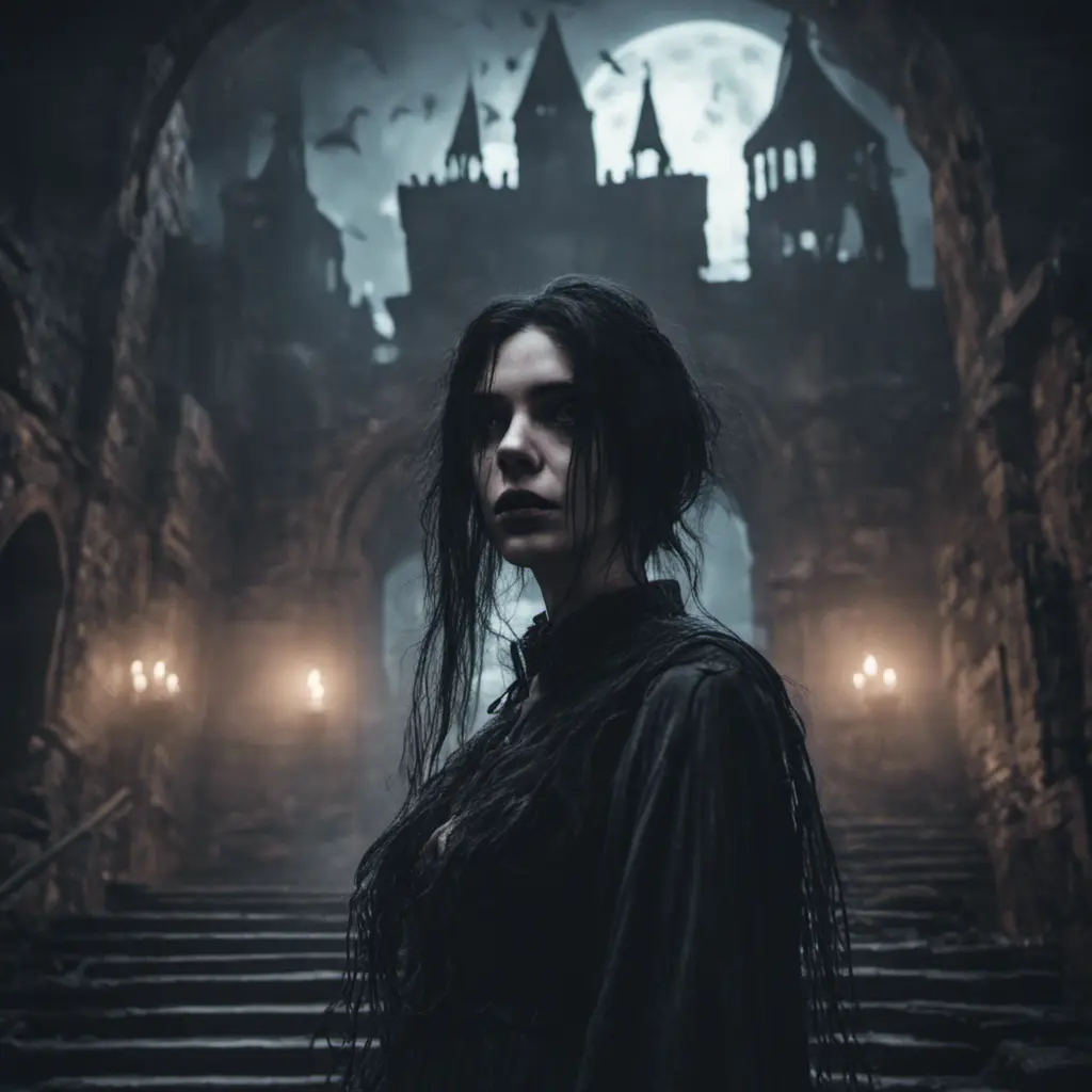 Female ghost with raven hair and black eyest in a creepy castle at night, 8k, Dystopian, Dark