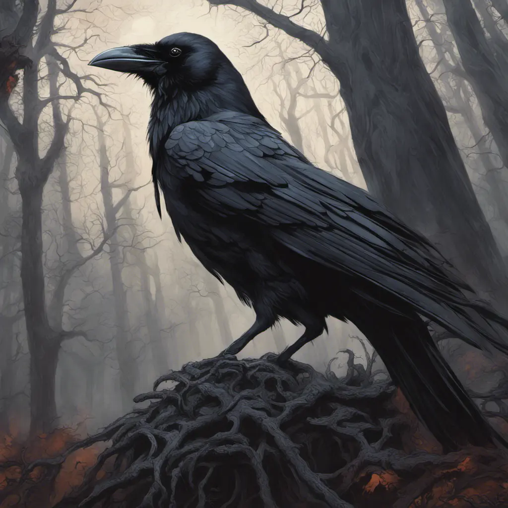 Raven in a haunted forest, Highly Detailed, Intricate, Gothic, Volumetric Lighting, Fantasy, Dark by Stanley Artgerm Lau