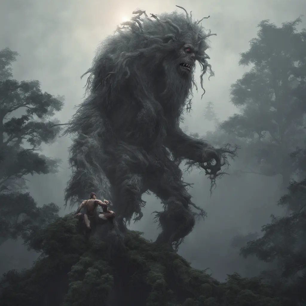 Kapre philippines scary hairy humanoid monster smoking a tobacco on the tree top, forest, foggy weather, otherworldy, Intricate, Artstation, Gothic and Fantasy, Cinematic Lighting, Octane Render, Concept Art