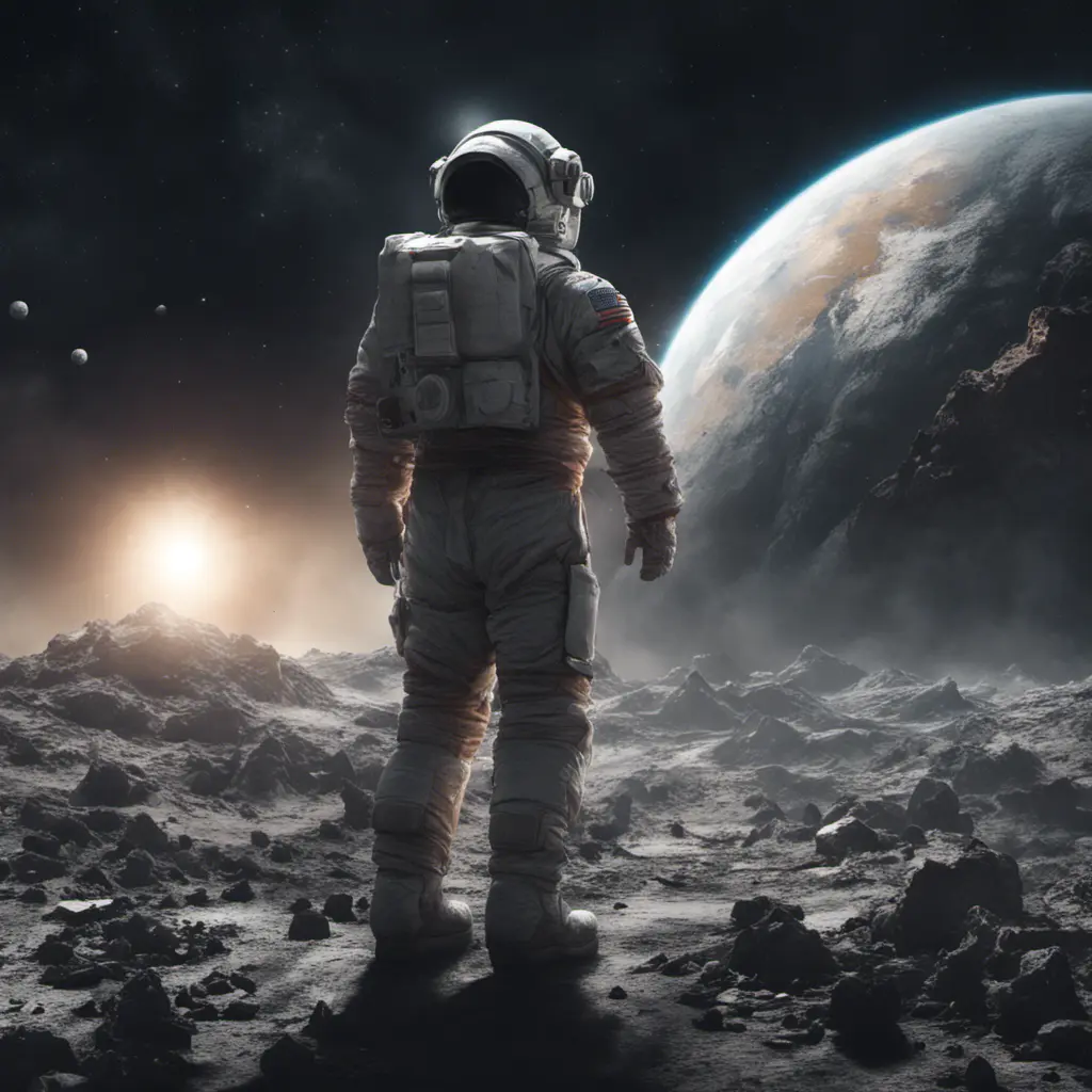 A space explorer on moon, viewing how the earth is destroyed, Magical, Stunning, Digital Painting, Cinematic Lighting, Sharp Focus, Dark, Hyper Realistic