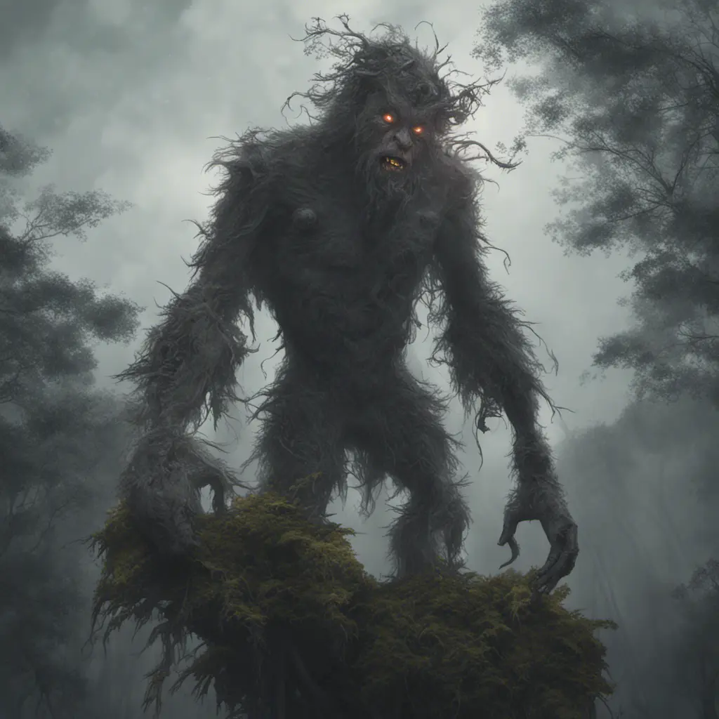 Kapre philippines scary hairy humanoid monster smoking a tobacco on the tree top, forest, foggy weather, otherworldy, Intricate, Artstation, Gothic and Fantasy, Cinematic Lighting, Octane Render, Concept Art