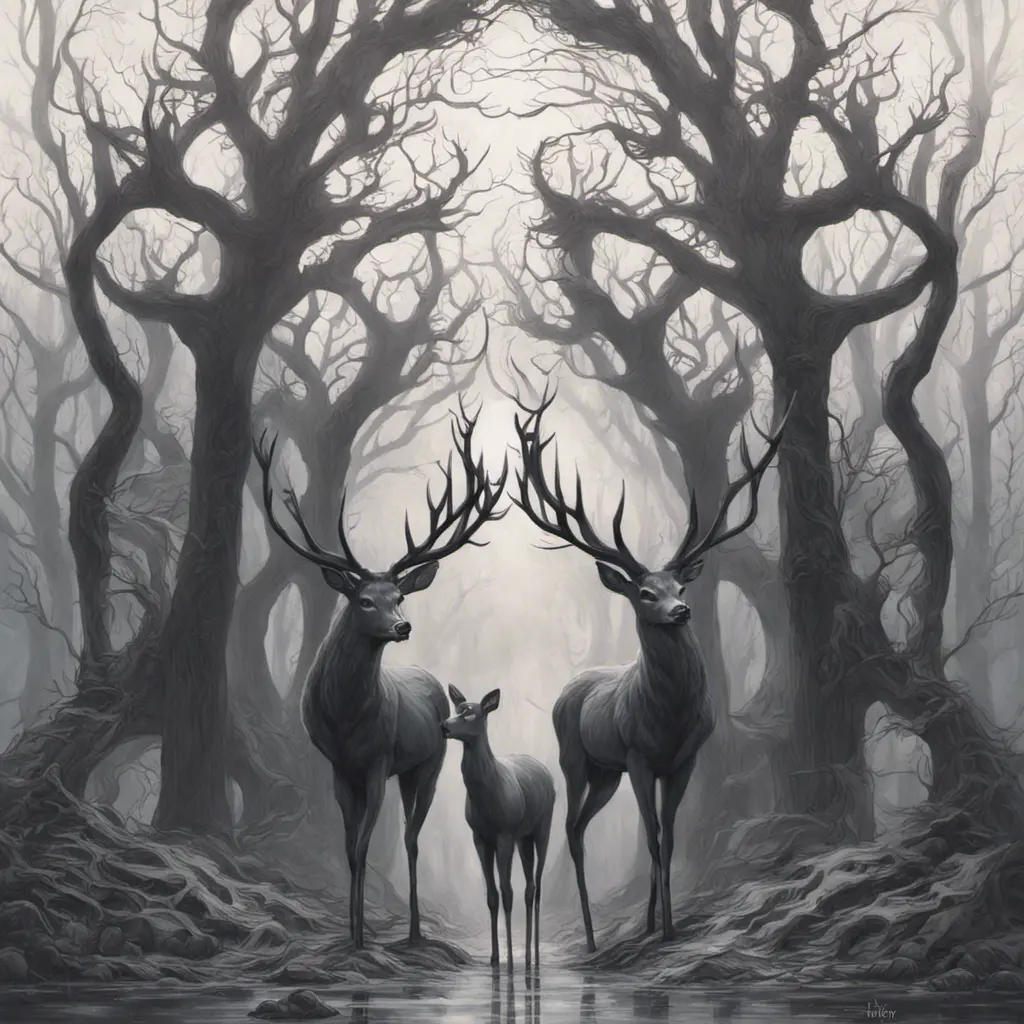 Deer in a haunted forest, Highly Detailed, Intricate, Gothic, Volumetric Lighting, Fantasy, Dark by Stanley Artgerm Lau