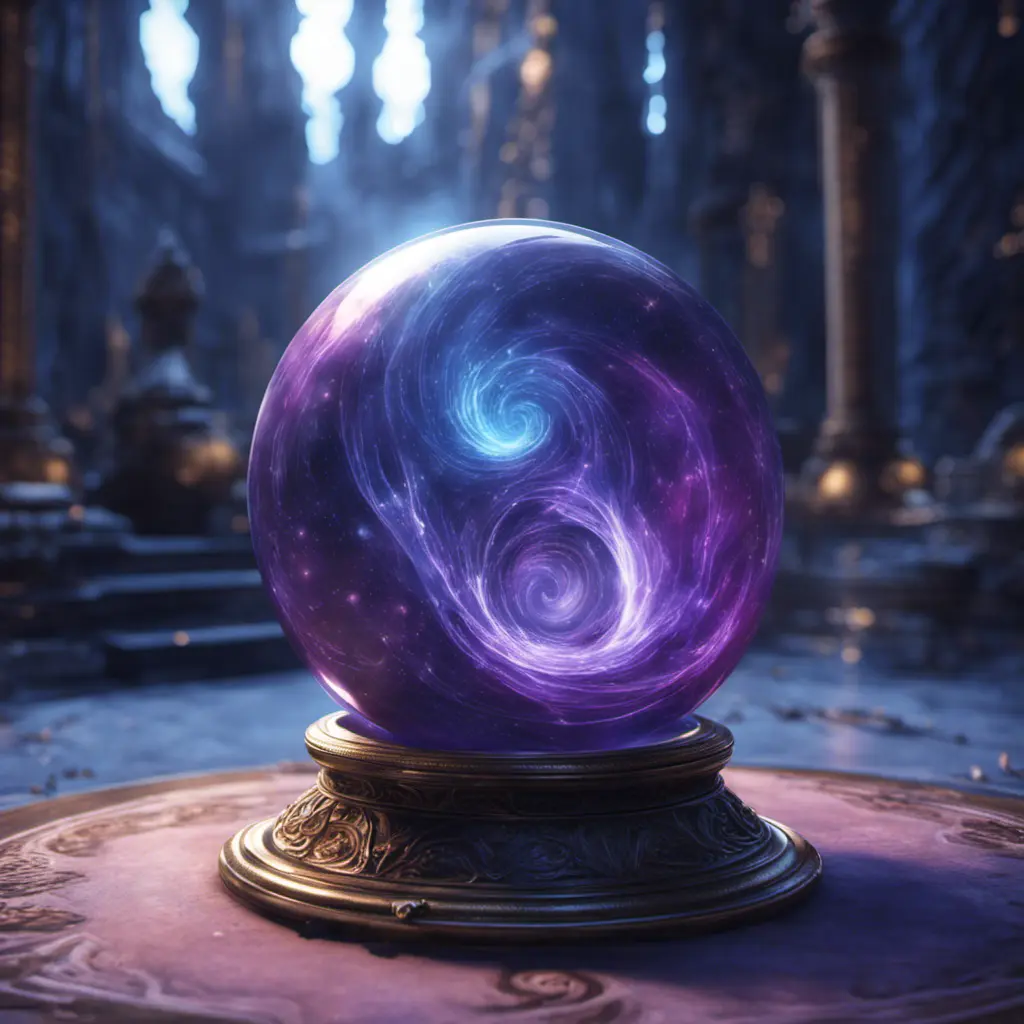 of blue and purple swirling within its depths. The orb radiates a mysterious energy, captivating all who gaze upon it. Its power is said to grant unimaginable abilities to those who possess it., 8k, Unreal Engine, Fantasy